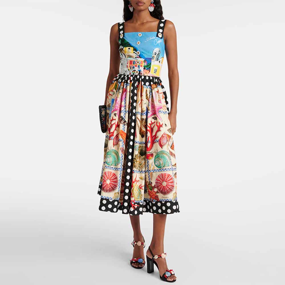 Long Strapless Patchwork-Print Midi Dress