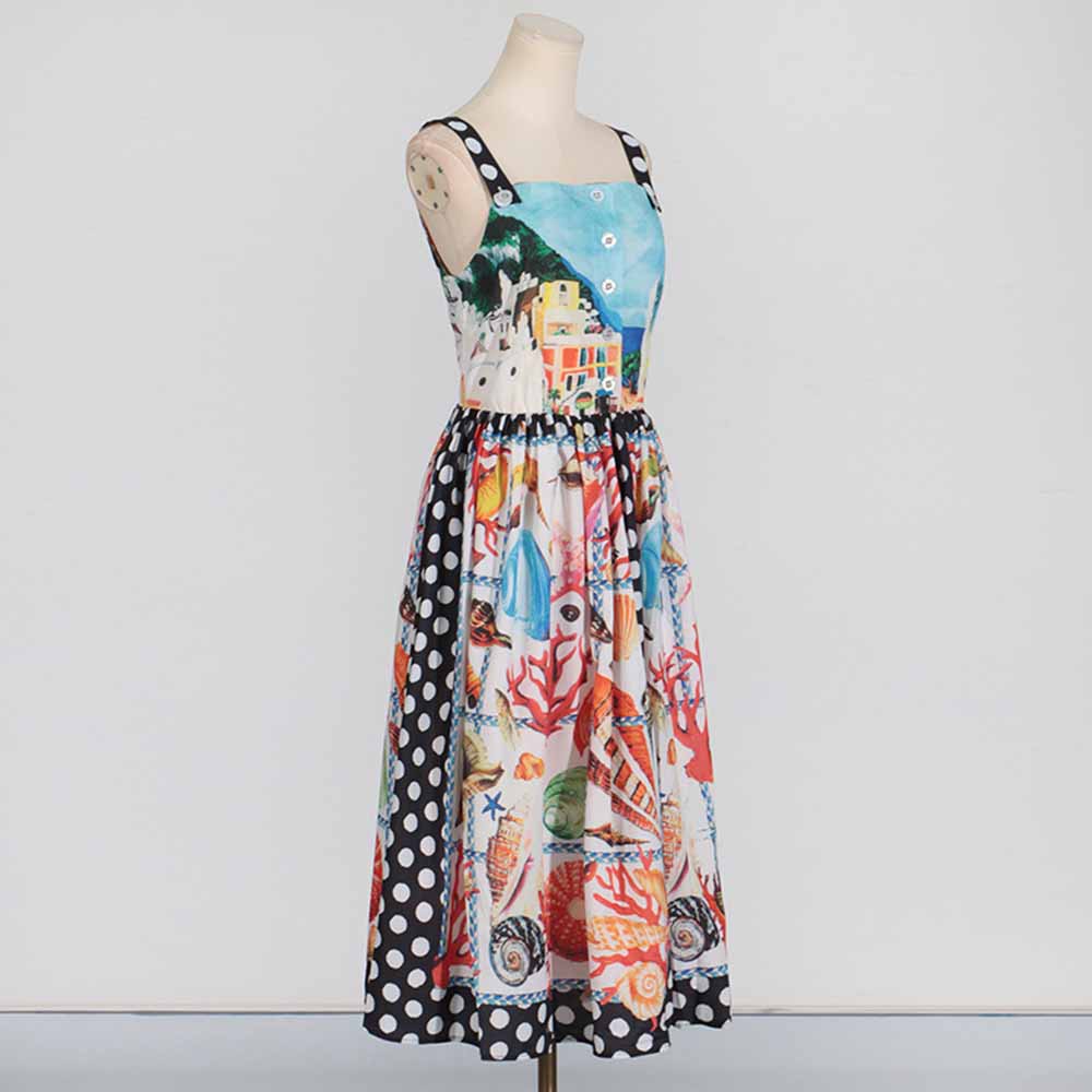 Long Strapless Patchwork-Print Midi Dress