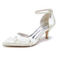 Low Heel Ankle Strap Wedding Shoes Pointed Toe Flower Appliqued Bridal Shoes