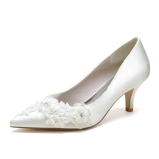 Low Heel Slip On Wedding Shoes Pointed Toe Lace Bridal Shoes