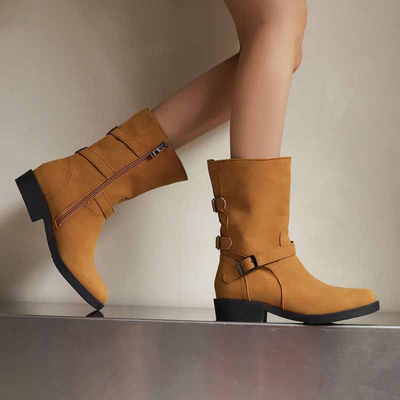 Low Heel Suede Ankle Boots with Buckle Strap