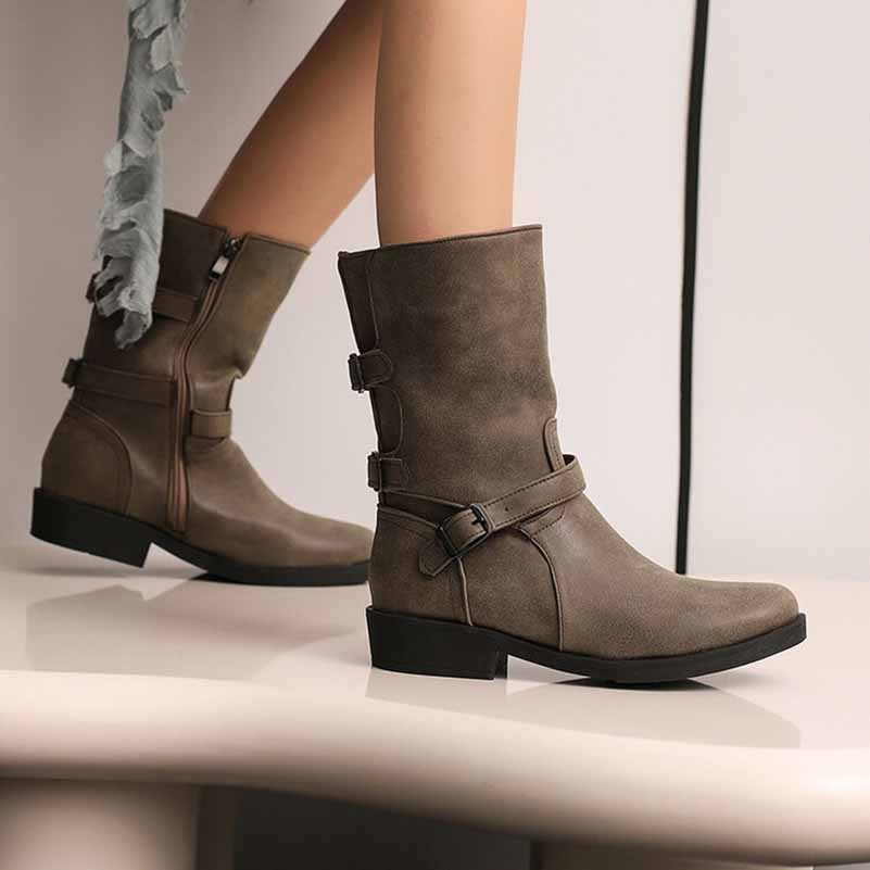 Low Heel Suede Ankle Boots with Buckle Strap