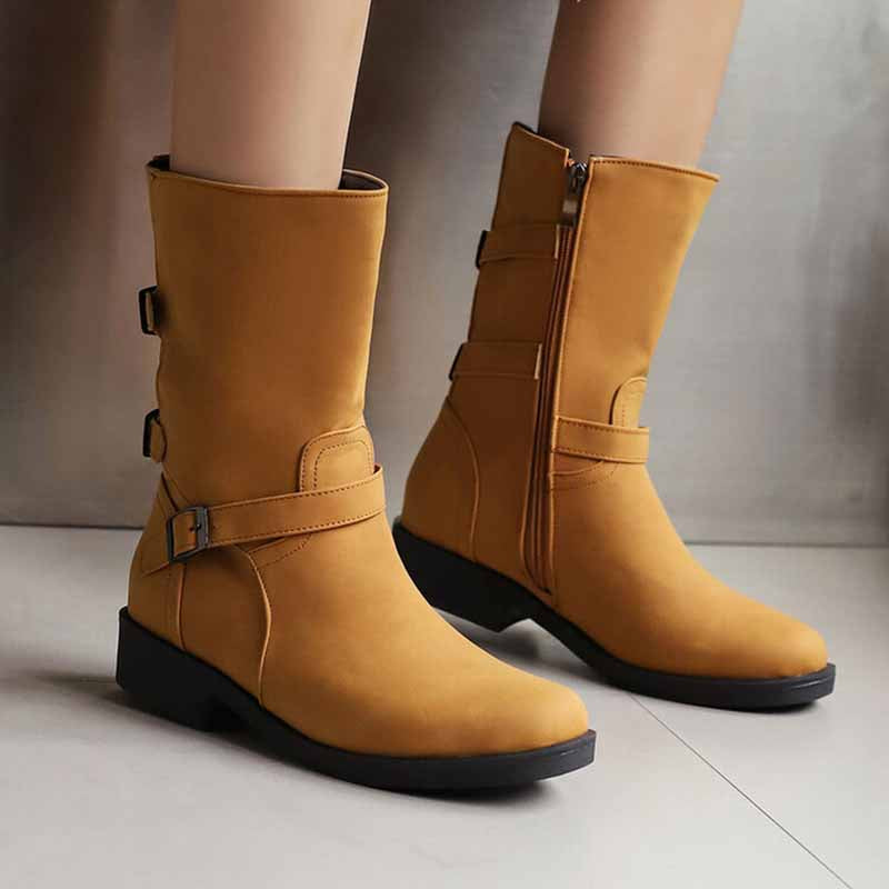 Low Heel Suede Ankle Boots with Buckle Strap