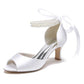 Low Heel Satin Wedding Shoes Peep Toe Pearls Stiletto Buckle Tie-Up Bridal Heels