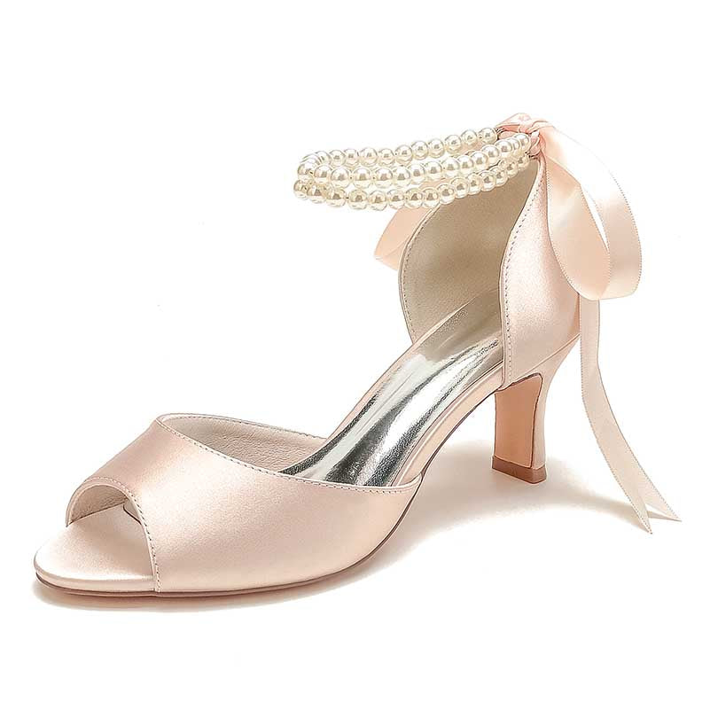 Low Heel Satin Wedding Shoes Peep Toe Pearls Stiletto Buckle Tie-Up Bridal Heels