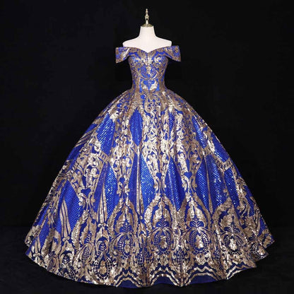 Luxurious Gold Sequins Quinceanera Dresses Off The Shoulder Princess Prom Ball Gowns