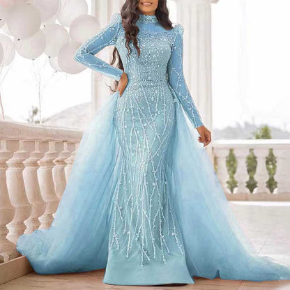 2 Pieces Custom Mermaid Sheer Sleeves High Neck Beaded Evening Dress Wedding Gown