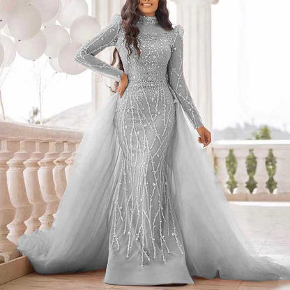 2 Pieces Custom Mermaid Sheer Sleeves High Neck Beaded Evening Dress Wedding Gown