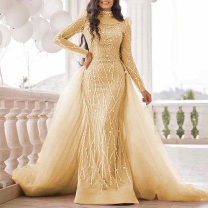 2 Pieces Custom Mermaid Sheer Sleeves High Neck Beaded Evening Dress Wedding Gown