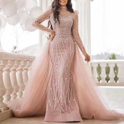 2 Pieces Custom Mermaid Sheer Sleeves High Neck Beaded Evening Dress Wedding Gown