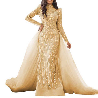 2 Pieces Custom Mermaid Sheer Sleeves High Neck Beaded Evening Dress Wedding Gown