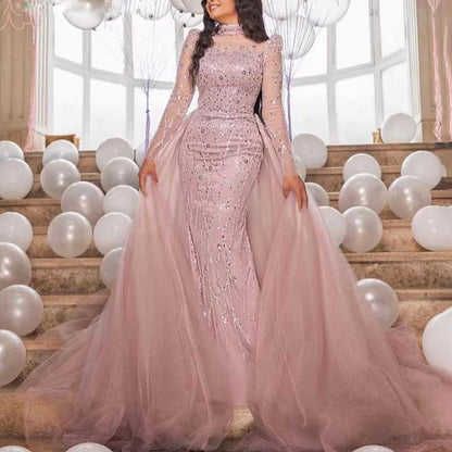 2 Pieces Custom Mermaid Sheer Sleeves High Neck Beaded Evening Dress Wedding Gown