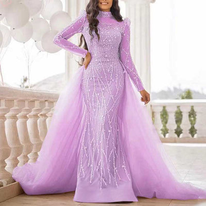 2 Pieces Custom Mermaid Sheer Sleeves High Neck Beaded Evening Dress Wedding Gown