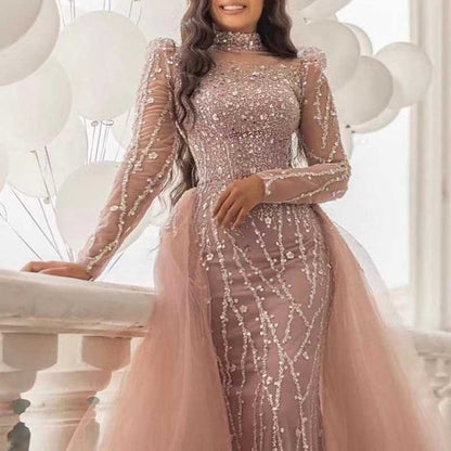 2 Pieces Custom Mermaid Sheer Sleeves High Neck Beaded Evening Dress Wedding Gown