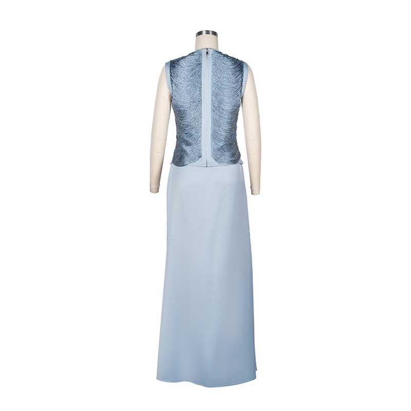 Luxury Two Piece Set Women Summer Sleeveless High Neck Fringe Top Satin Maxi Skirt Set