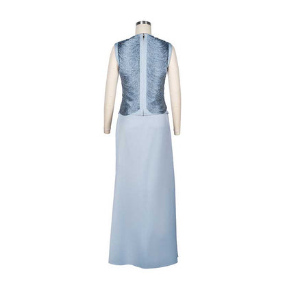 Luxury Two Piece Set Women Summer Sleeveless High Neck Fringe Top Satin Maxi Skirt Set