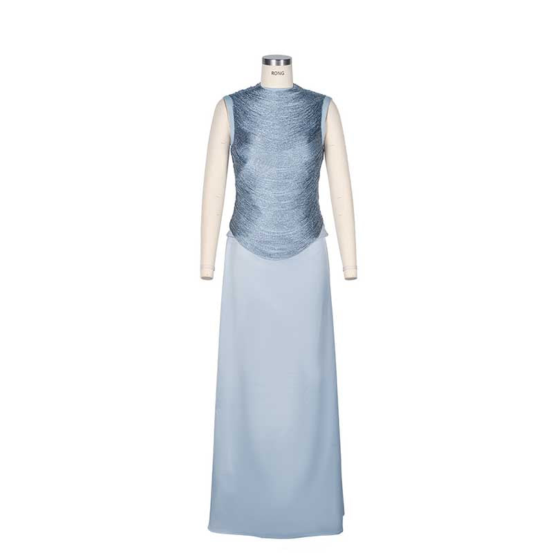 Luxury Two Piece Set Women Summer Sleeveless High Neck Fringe Top Satin Maxi Skirt Set