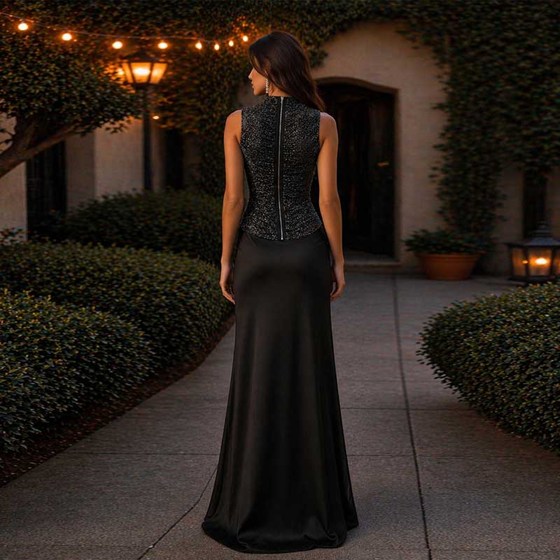 Luxury Two Piece Set Women Summer Sleeveless High Neck Fringe Top Satin Maxi Skirt Set