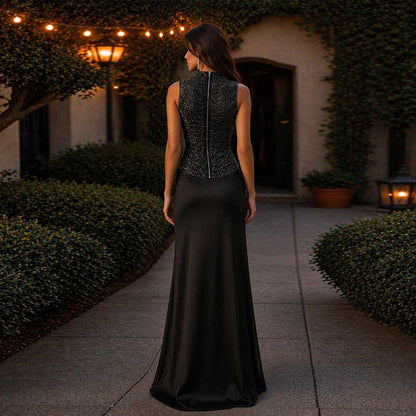 Luxury Two Piece Set Women Summer Sleeveless High Neck Fringe Top Satin Maxi Skirt Set