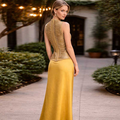 Luxury Two Piece Set Women Summer Sleeveless High Neck Fringe Top Satin Maxi Skirt Set
