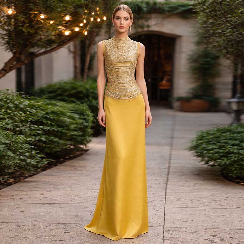 Luxury Two Piece Set Women Summer Sleeveless High Neck Fringe Top Satin Maxi Skirt Set