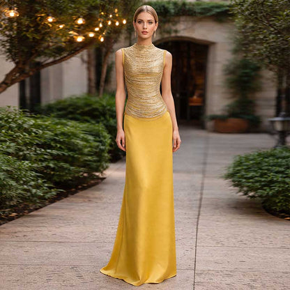 Luxury Two Piece Set Women Summer Sleeveless High Neck Fringe Top Satin Maxi Skirt Set