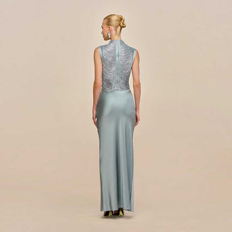 Luxury Two Piece Set Women Summer Sleeveless High Neck Fringe Top Satin Maxi Skirt Set