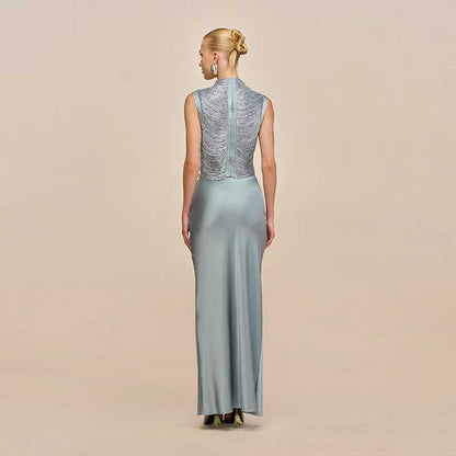 Luxury Two Piece Set Women Summer Sleeveless High Neck Fringe Top Satin Maxi Skirt Set