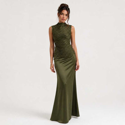 Luxury Two Piece Set Women Summer Sleeveless High Neck Fringe Top Satin Maxi Skirt Set