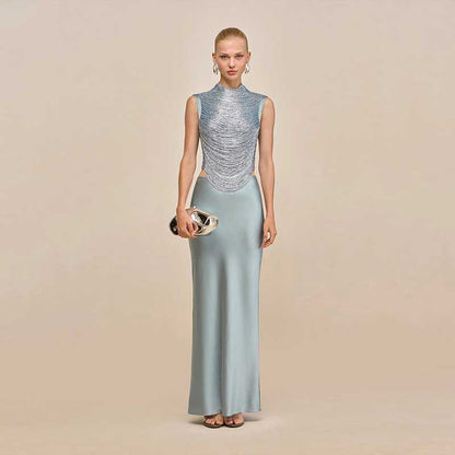 Luxury Two Piece Set Women Summer Sleeveless High Neck Fringe Top Satin Maxi Skirt Set