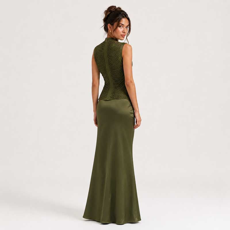 Luxury Two Piece Set Women Summer Sleeveless High Neck Fringe Top Satin Maxi Skirt Set