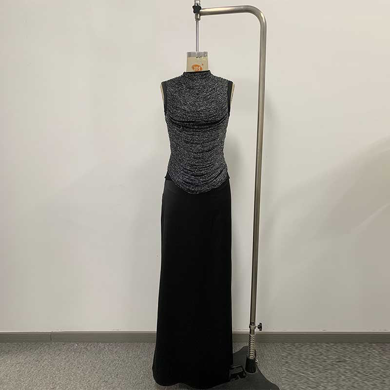 Luxury Two Piece Set Women Summer Sleeveless High Neck Fringe Top Satin Maxi Skirt Set
