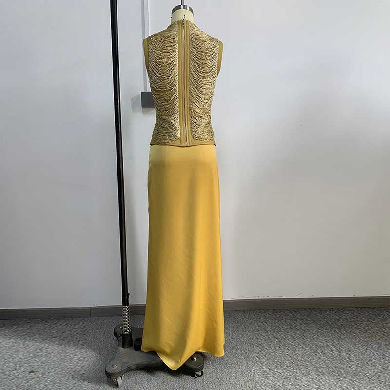 Luxury Two Piece Set Women Summer Sleeveless High Neck Fringe Top Satin Maxi Skirt Set