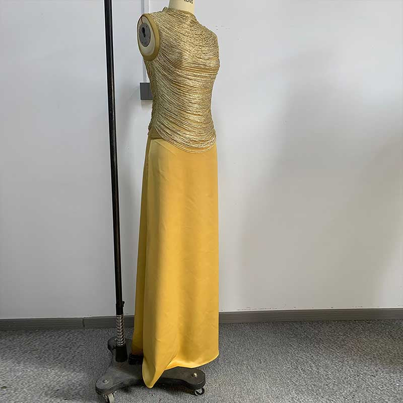 Luxury Two Piece Set Women Summer Sleeveless High Neck Fringe Top Satin Maxi Skirt Set