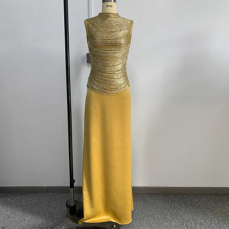Luxury Two Piece Set Women Summer Sleeveless High Neck Fringe Top Satin Maxi Skirt Set