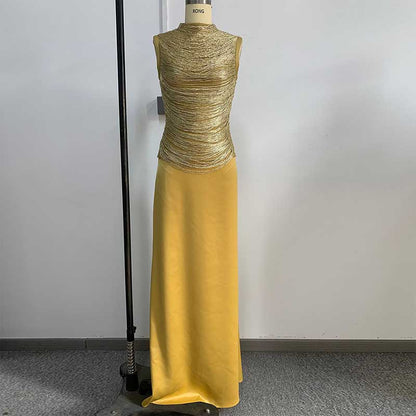 Luxury Two Piece Set Women Summer Sleeveless High Neck Fringe Top Satin Maxi Skirt Set