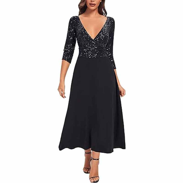Long Sleeves Sequin Prom Dress V Neck Maxi Cocktail Dress – SD