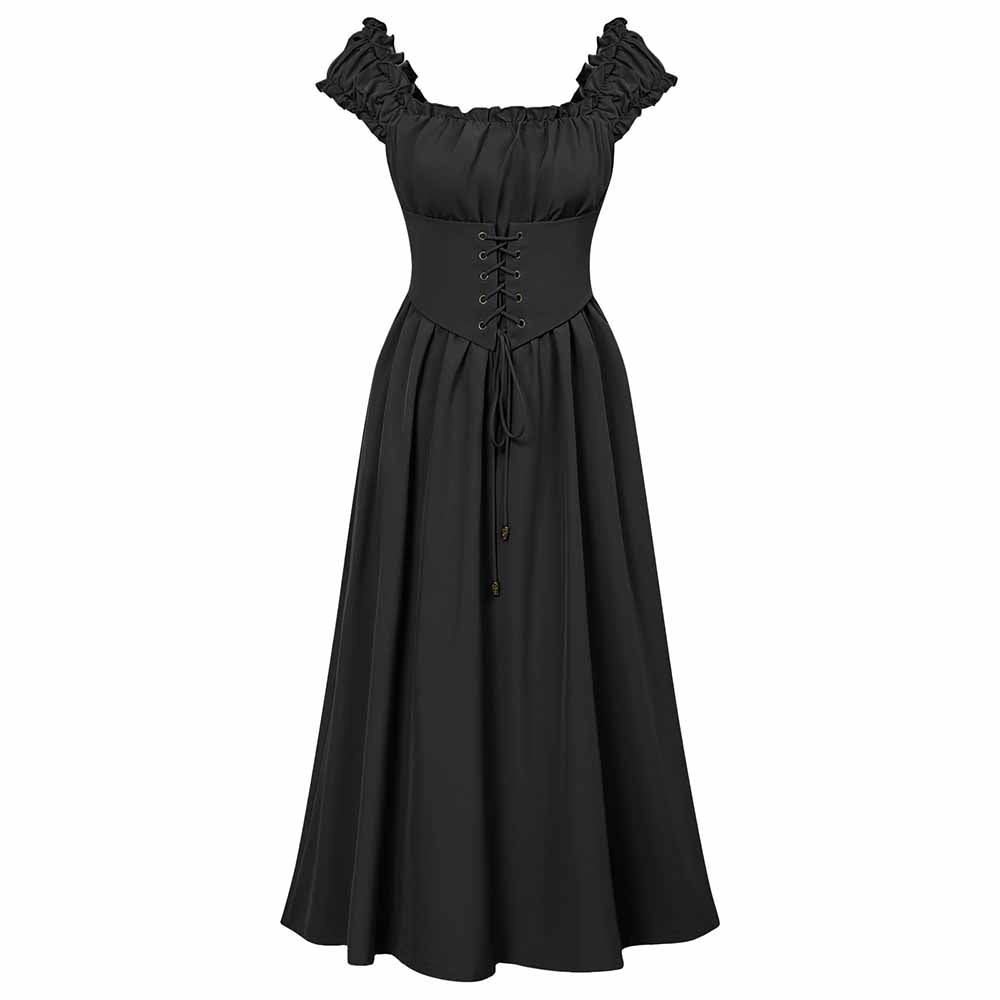 Medieval Renaissance Dress Solid Ruffles Lace Up Maxi Dress