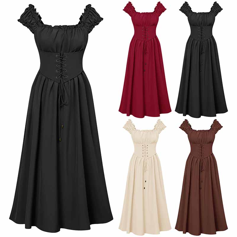 Medieval Renaissance Dress Solid Ruffles Lace Up Maxi Dress