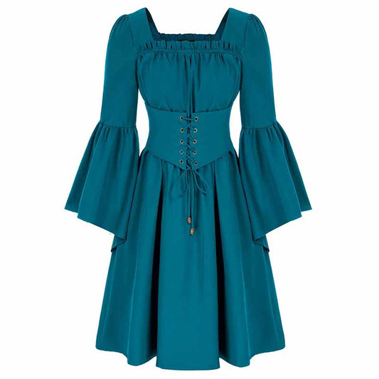 Medieval Renaissance Dress Square Neck Pleated Waistband Decor Long Sleeve Dress