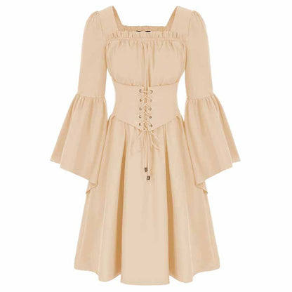 Medieval Renaissance Dress Square Neck Pleated Waistband Decor Long Sleeve Dress