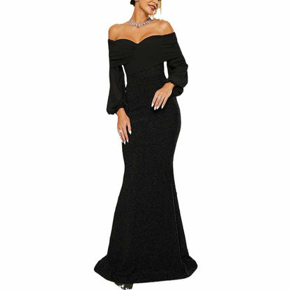 Mermaid Off-The-Shoulder Evening Dress Black Long Puff Sleeve Prom Dress