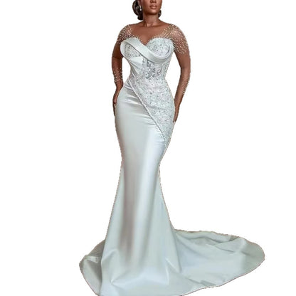 Mermaid Wedding Dress – Beaded Illusion Sleeves, Lace Appliqué, Satin