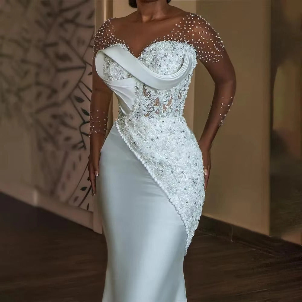 Mermaid Wedding Dress – Beaded Illusion Sleeves, Lace Appliqué, Satin
