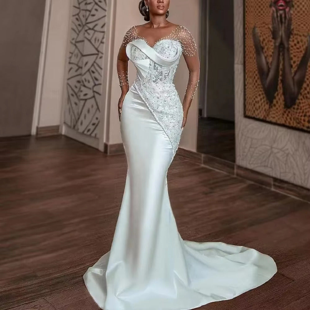 Mermaid Wedding Dress – Beaded Illusion Sleeves, Lace Appliqué, Satin