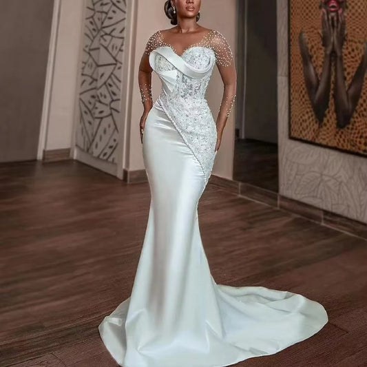 Mermaid Wedding Dress – Beaded Illusion Sleeves, Lace Appliqué, Satin