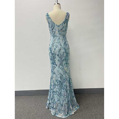 Mermaid Wedding Guest Dress Blue Long Evening Dress Floral Sequin Bridesmaid Dress