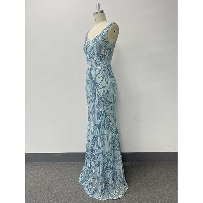 Mermaid Wedding Guest Dress Blue Long Evening Dress Floral Sequin Bridesmaid Dress