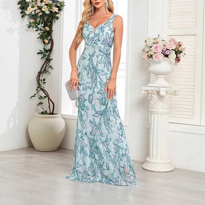 Mermaid Wedding Guest Dress Blue Long Evening Dress Floral Sequin Bridesmaid Dress