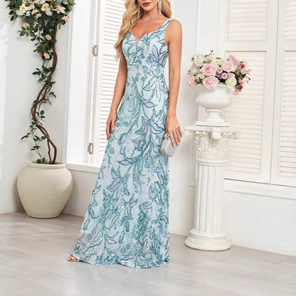 Mermaid Wedding Guest Dress Blue Long Evening Dress Floral Sequin Bridesmaid Dress